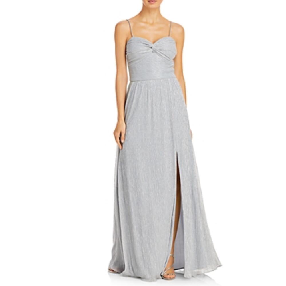 AQUA Sparkly Sleeveless A-Line Evening Gown Metallic Silver Size 10 Formal Dress